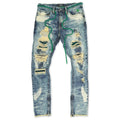 F1756 Denim Jeans w/ Rhinestones & Bottom Leg Zipper - Vintage Wash