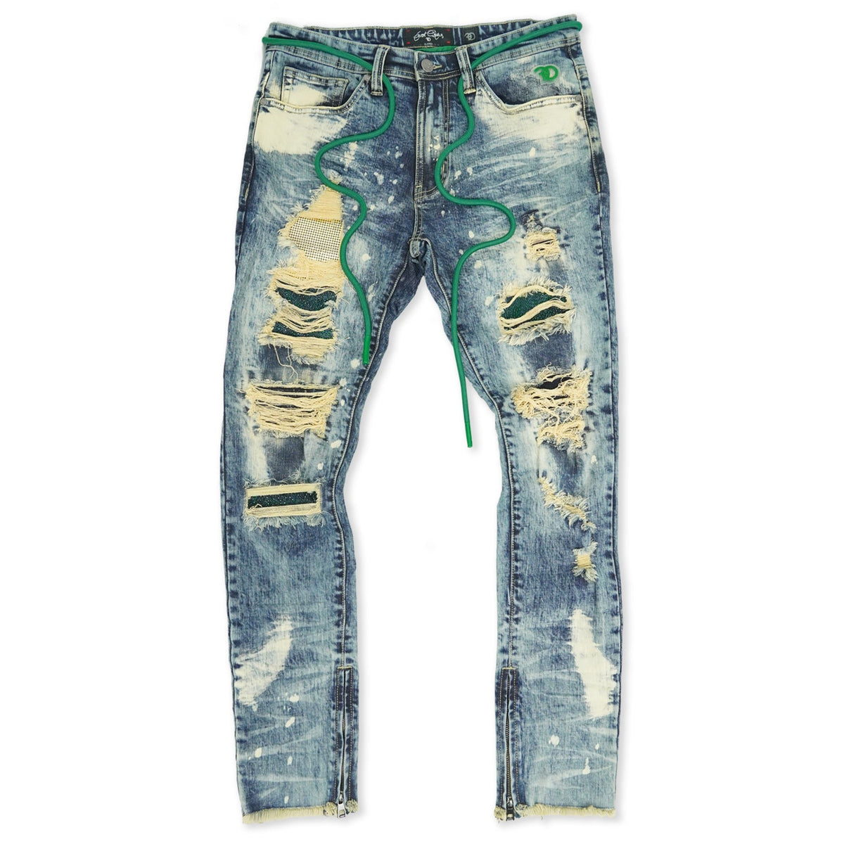 F1756 Denim Jeans w/ Rhinestones & Bottom Leg Zipper - Vintage Wash