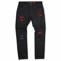 Makobi M1749 Makobi Sanded Biker Jeans with Rip & Repair in Black/Red