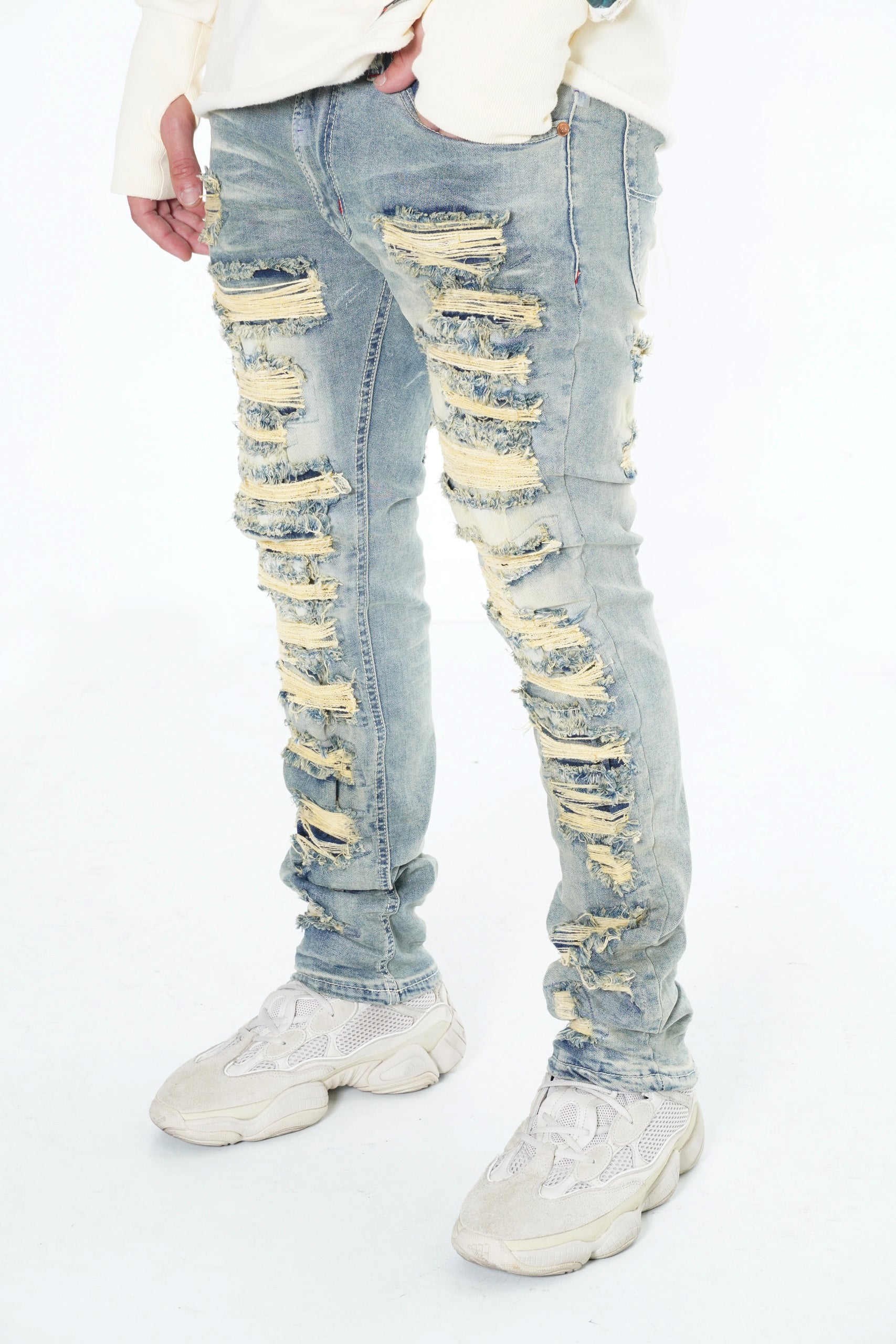 Makobi F1734 Frost All Over Shredded Jeans in Dirt, view 3