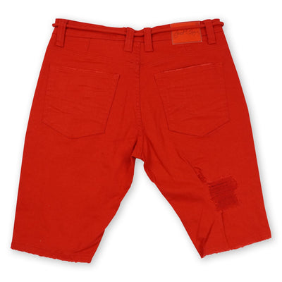 F622 Frost Shredded Denim Shorts - Red