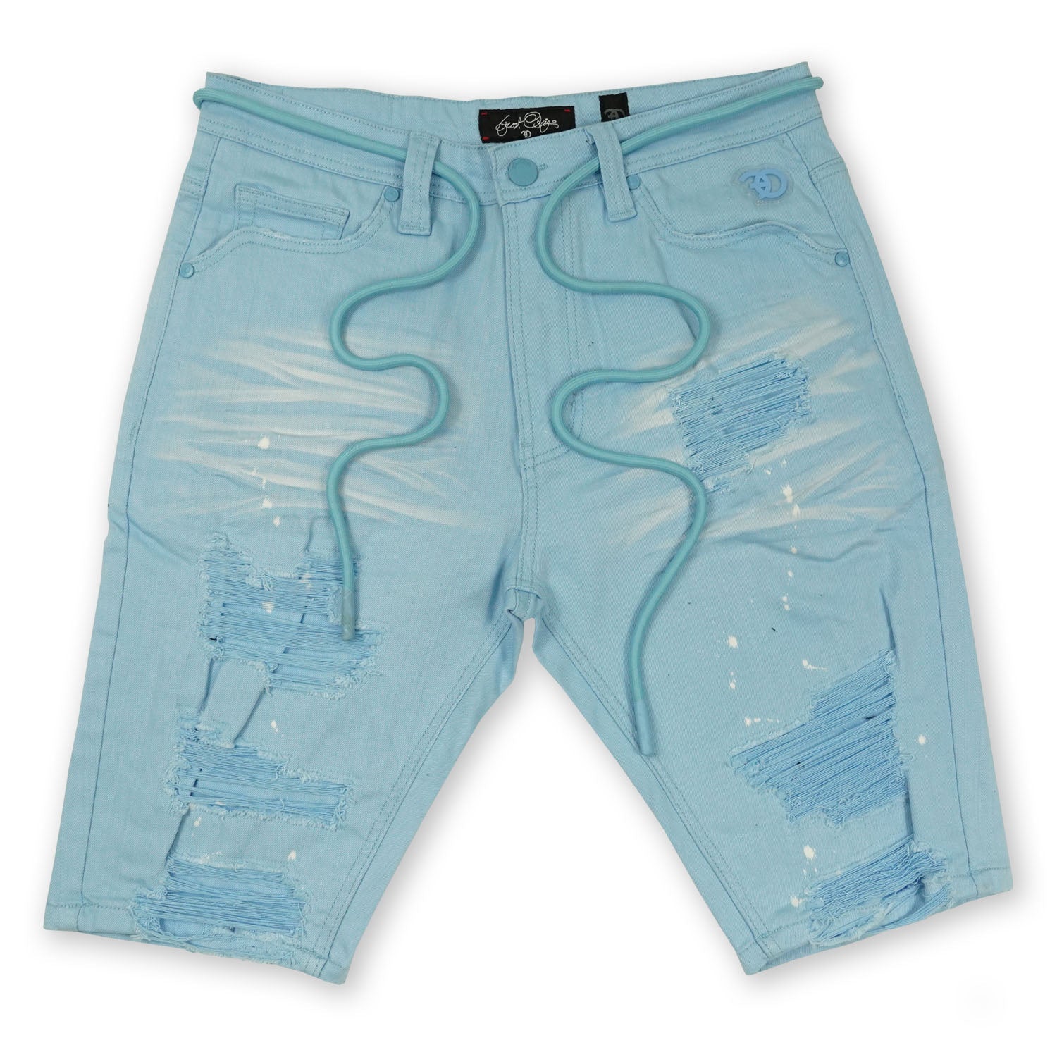 F622 Frost Shredded Denim Shorts - Light Blue