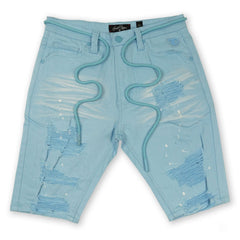 F622 Frost Shredded Denim Shorts - Light Blue