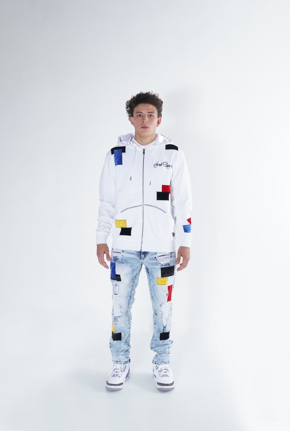 F5715 Frost Patchwork Zip Up Hoodie -  White
