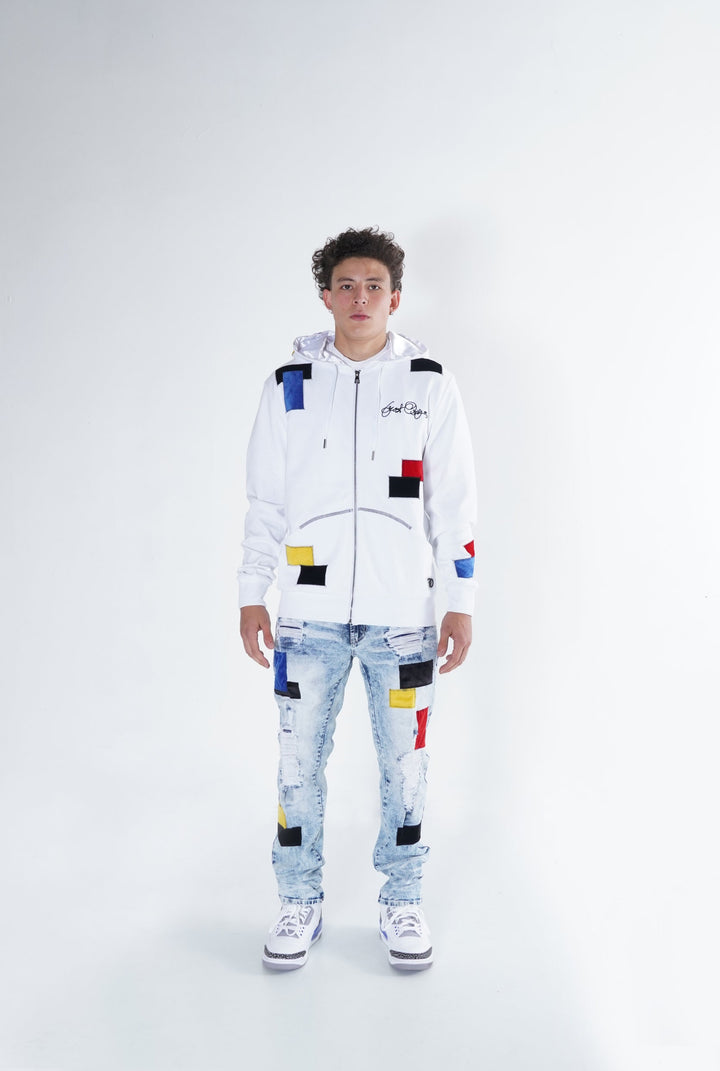 F1715 Frost Patchwork Denim Shredded Jeans  - Light Wash