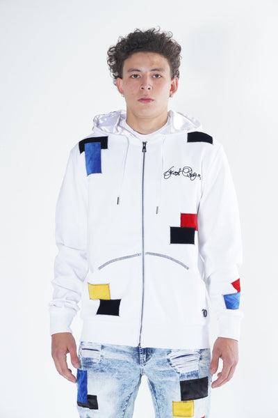 F5715 Frost Patchwork Zip Up Hoodie -  White