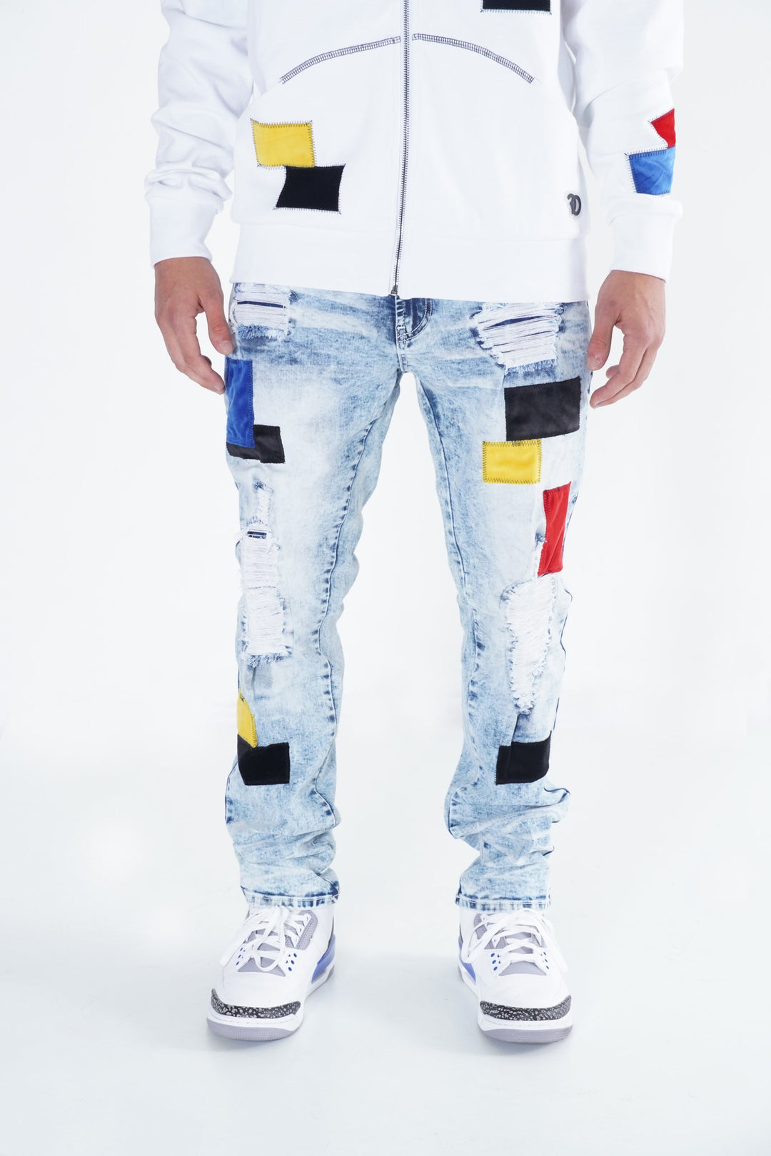 F1715 Frost Patchwork Denim Shredded Jeans  - Light Wash