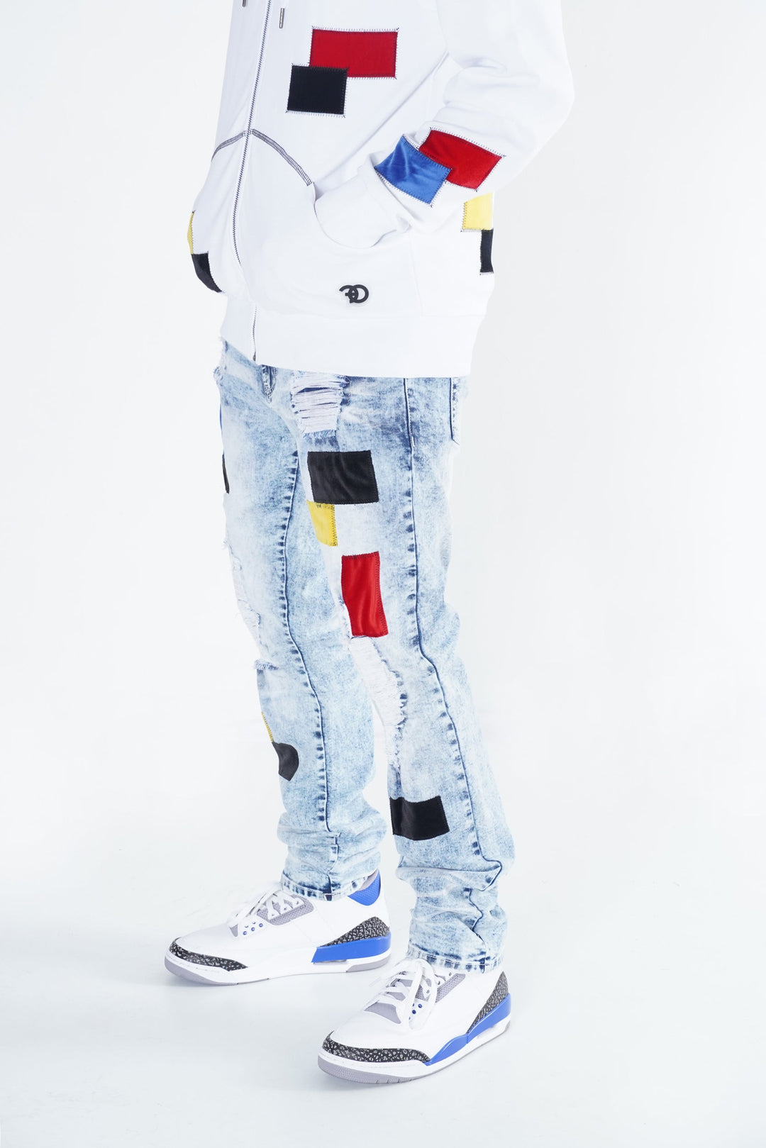 F1715 Frost Patchwork Denim Shredded Jeans  - Light Wash