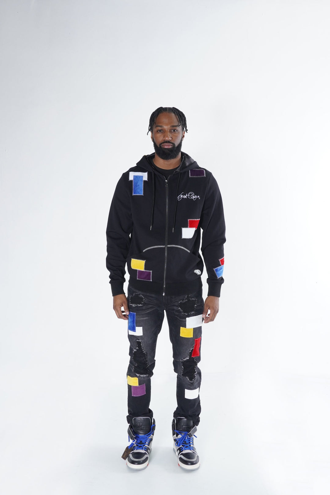 F5715 Frost Patchwork Zip Up Hoodie - مشکی