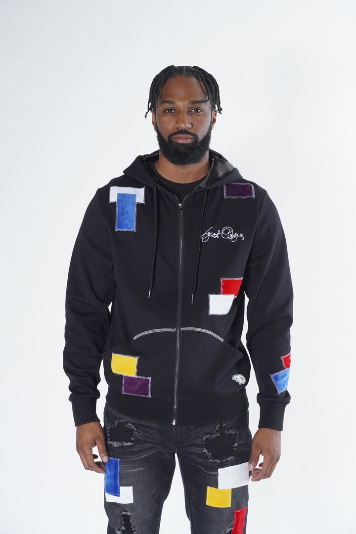 F5715 Frost Patchwork Zip Up Hoodie - مشکی