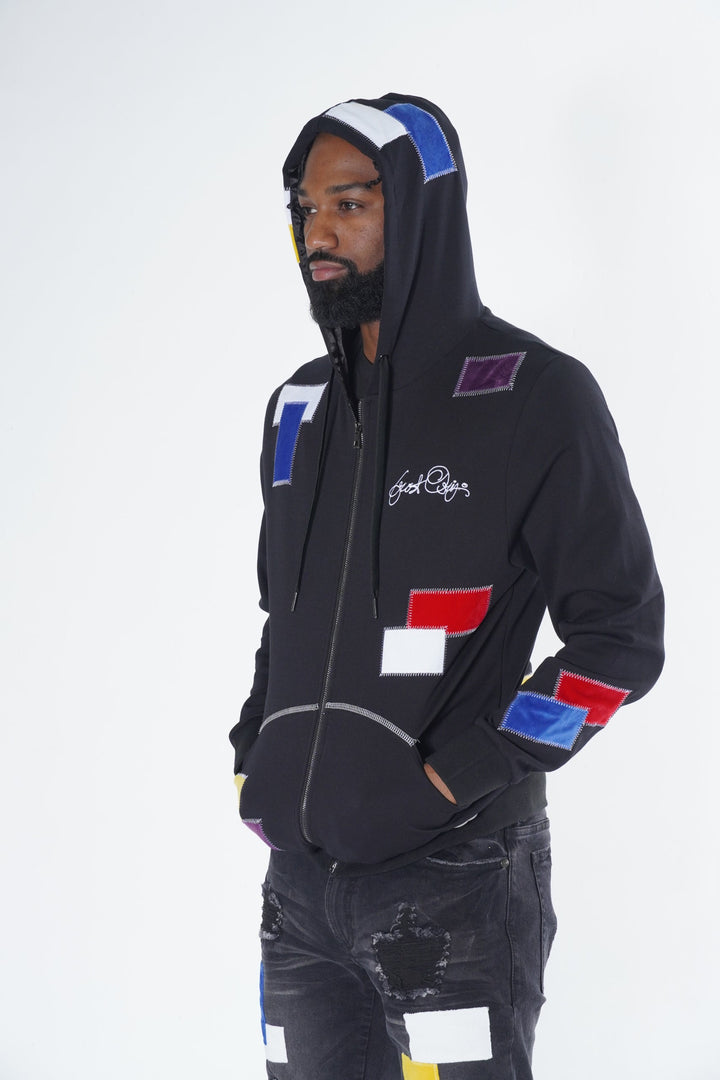 F5715 Frost Patchwork Zip Up Hoodie - مشکی