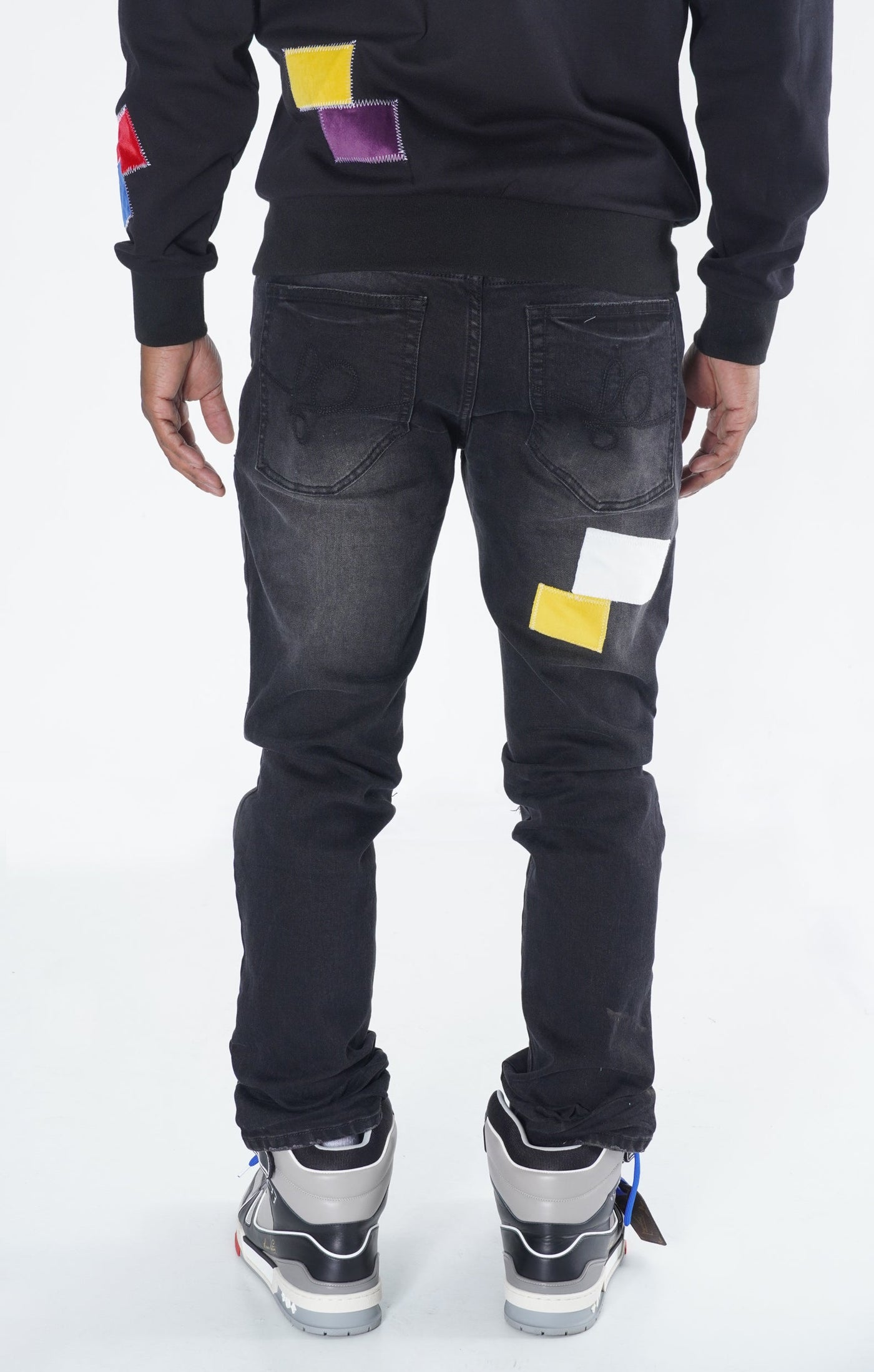 F1715 Frost Patchwork Denim Shredded Jeans - Black Wash