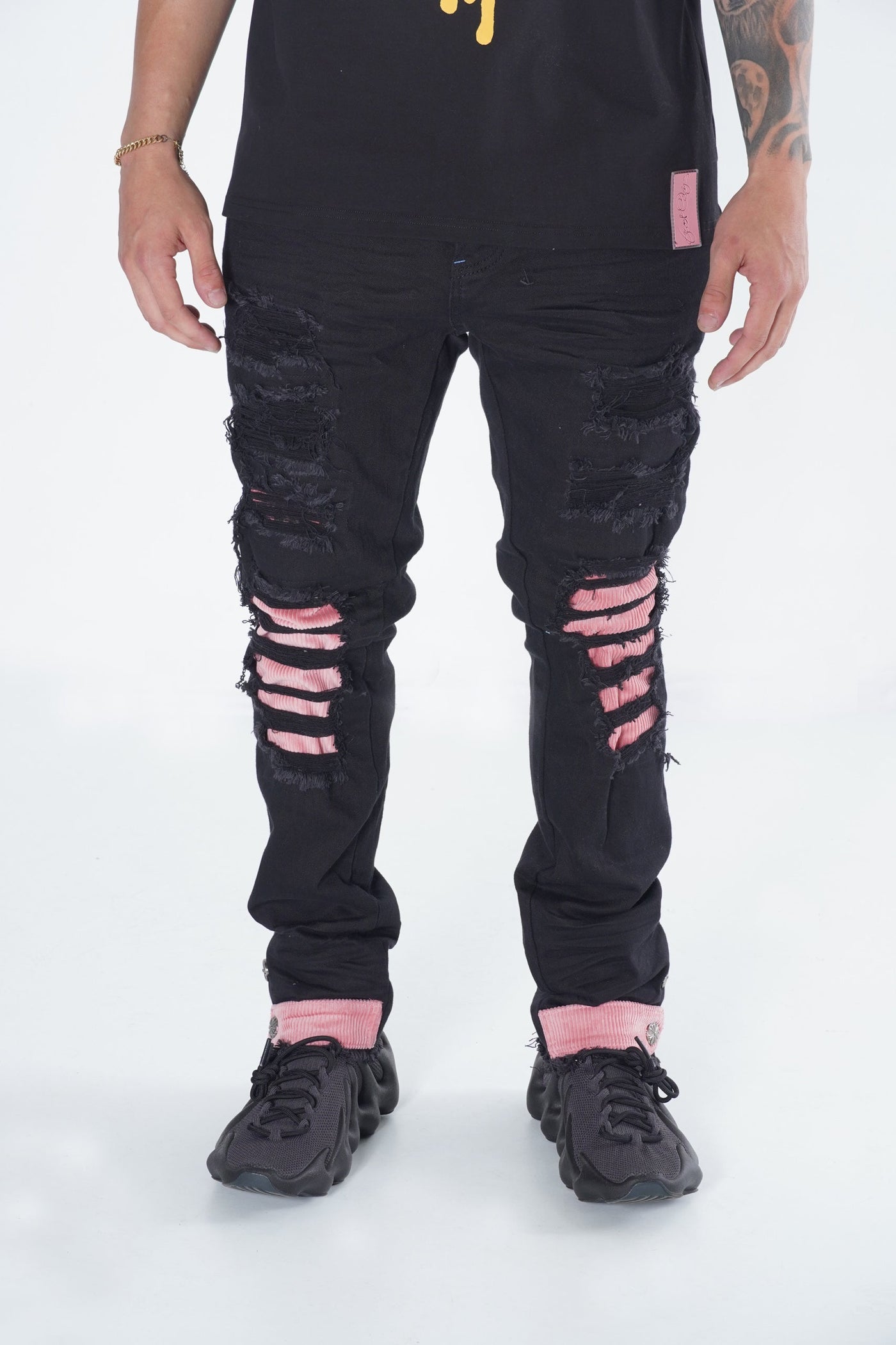 F1745 Shredded jeans w/ Cord Layer - Black