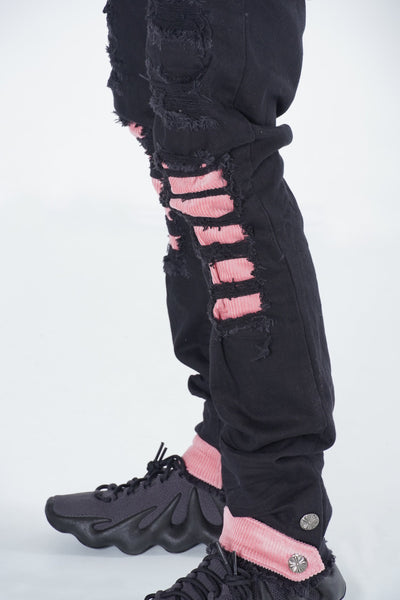 F1745 Shredded jeans w/ Cord Layer - Black