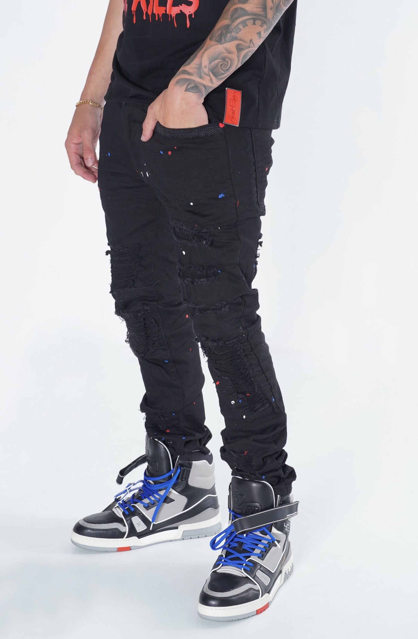 F1778  Frost Shredded Jeans w/ paint - Black
