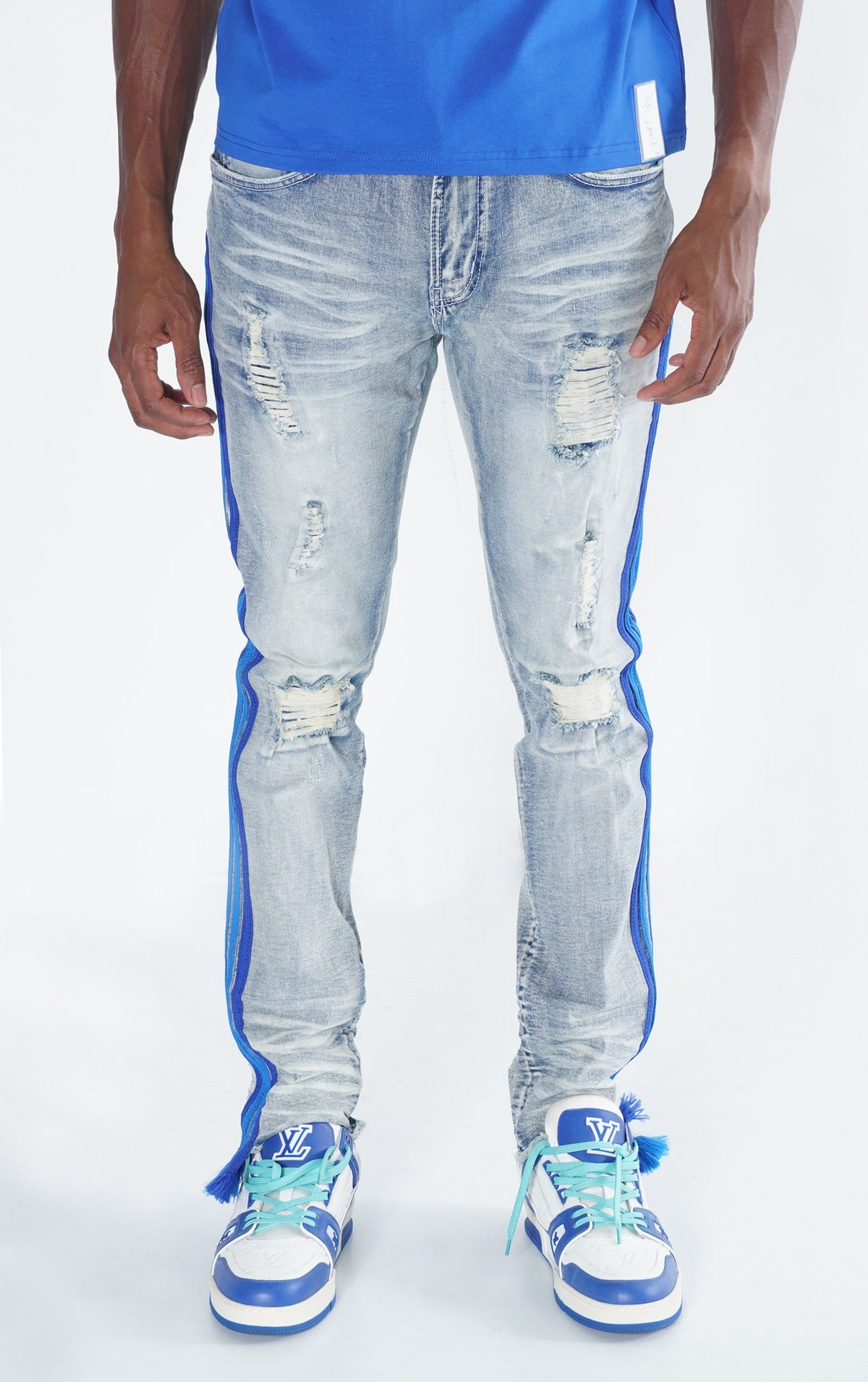 Makobi F1782 Shredded Jeans w/ Drawstring Side Tape in Light Wash, view 3