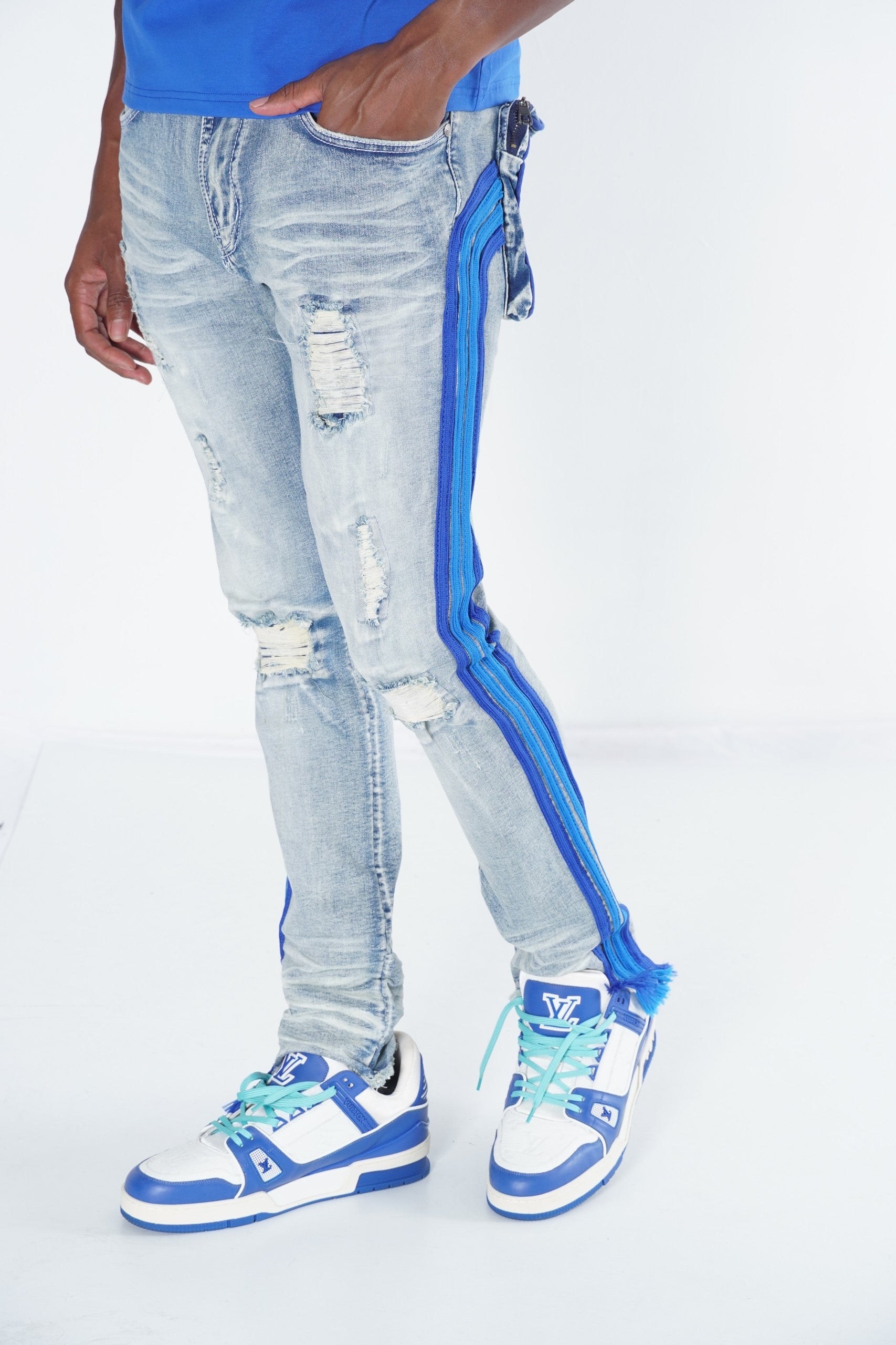 Makobi F1782 Shredded Jeans w/ Drawstring Side Tape in Light Wash, view 4