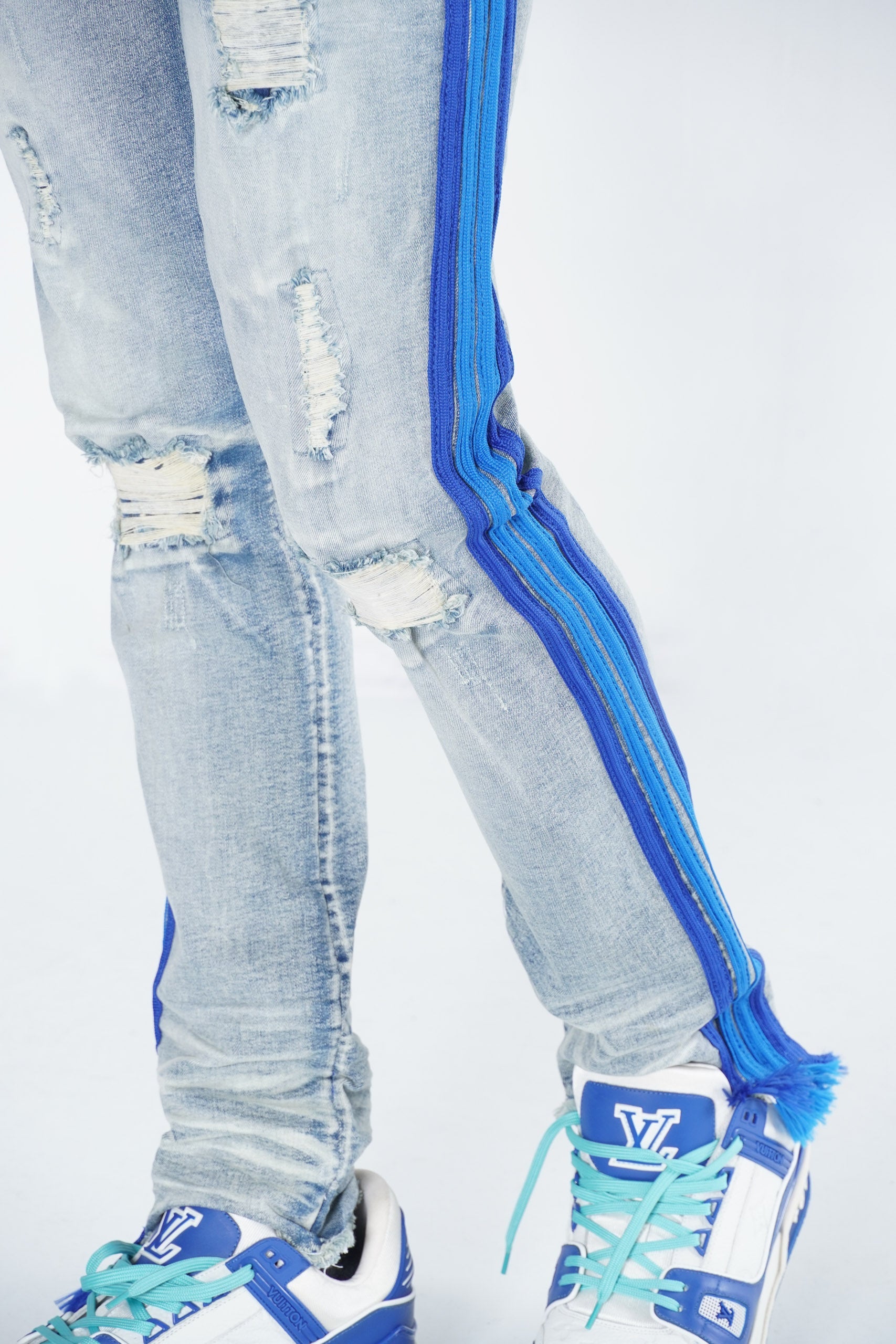 Makobi F1782 Shredded Jeans w/ Drawstring Side Tape in Light Wash, view 5