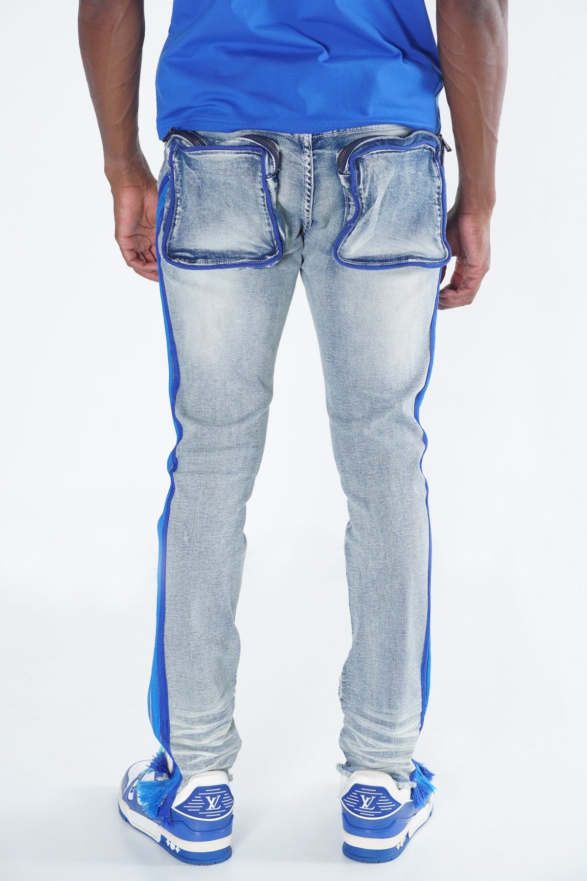 Makobi F1782 Shredded Jeans w/ Drawstring Side Tape in Light Wash, view 6