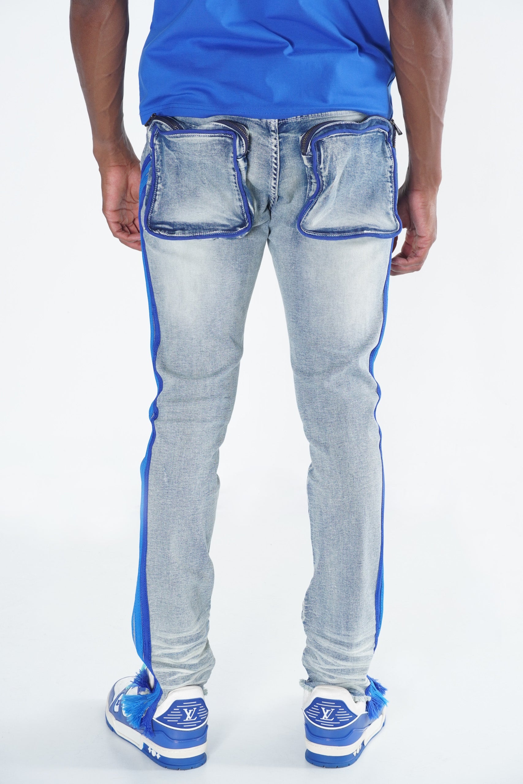 Makobi F1782 Shredded Jeans w/ Drawstring Side Tape in Light Wash, view 6