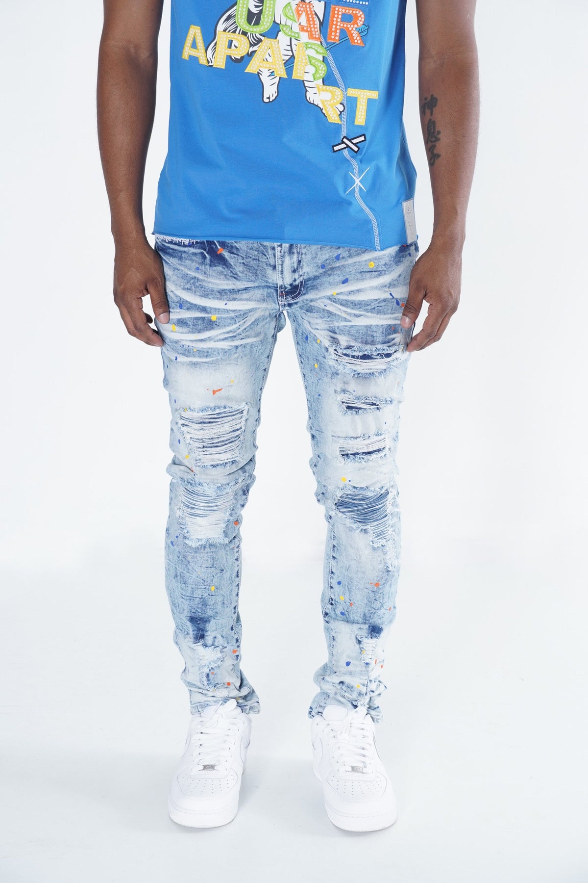 Makobi F1778 Frost Shredded Jeans w/ paint in Light Wash, view 3