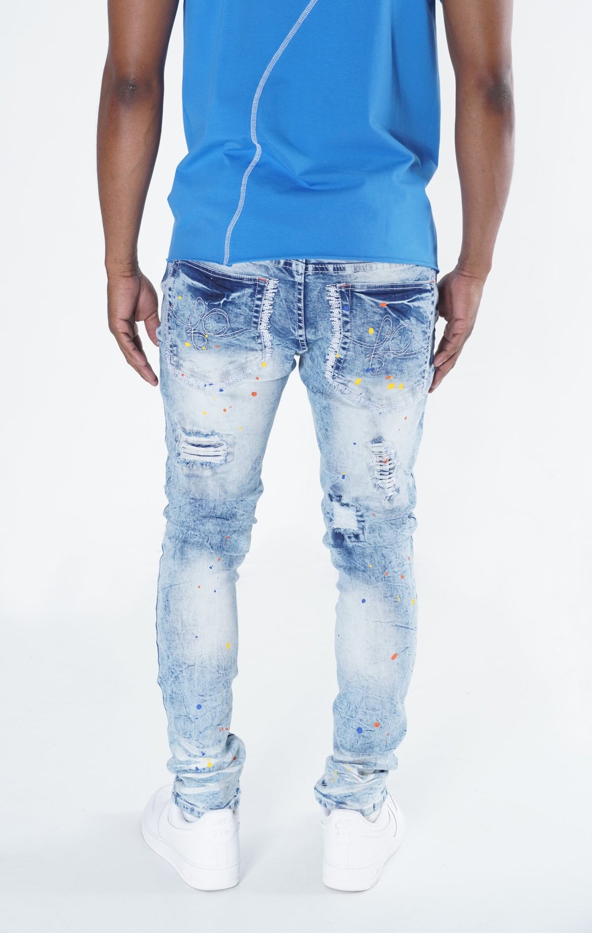 Makobi F1778 Frost Shredded Jeans w/ paint in Light Wash, view 4