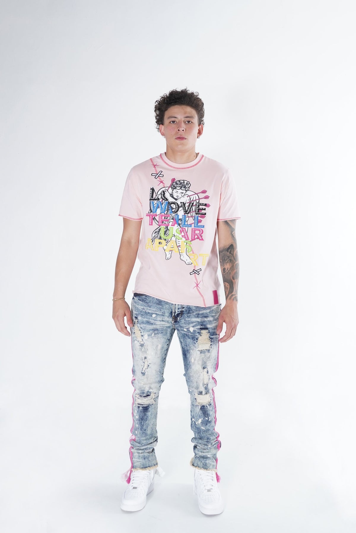 Makobi F1782 Shredded Jeans w/ Drawstring Side Tape in Dirt Wash, view 2