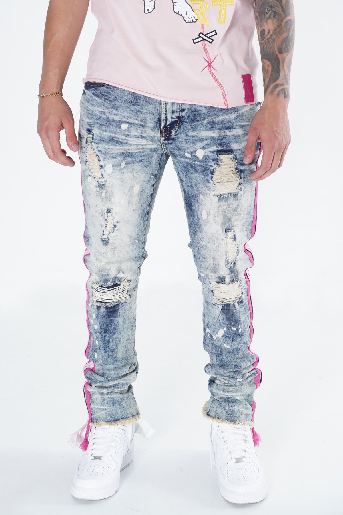 Makobi F1782 Shredded Jeans w/ Drawstring Side Tape in Dirt Wash, view 3
