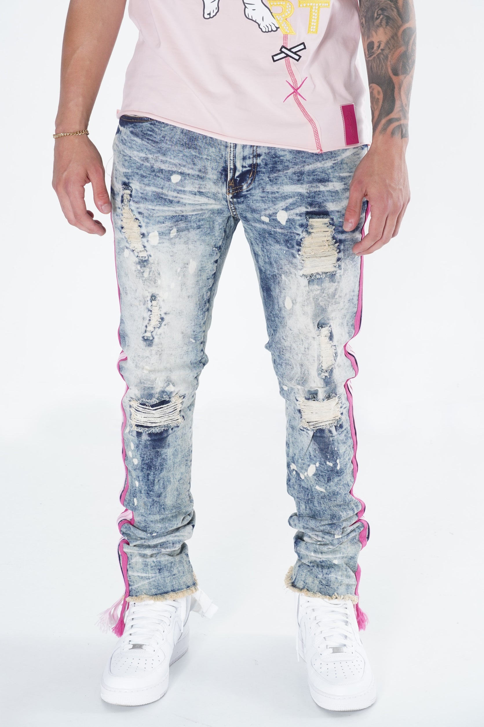 Makobi F1782 Shredded Jeans w/ Drawstring Side Tape in Dirt Wash, view 3
