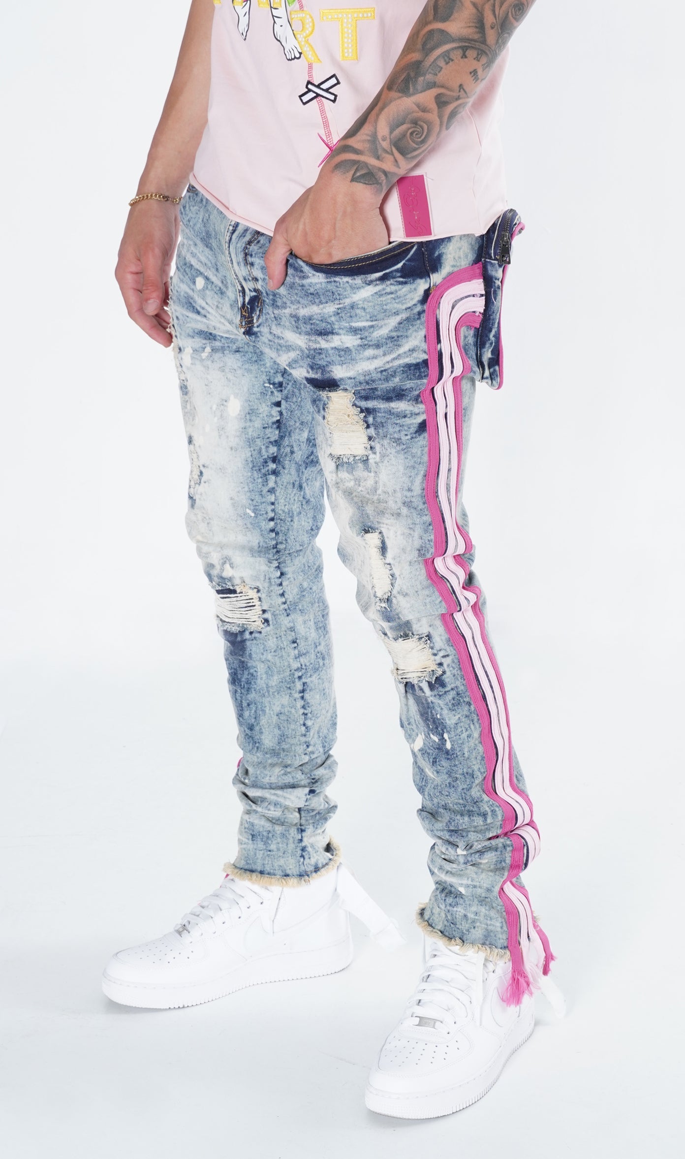 Makobi F1782 Shredded Jeans w/ Drawstring Side Tape in Dirt Wash, view 4