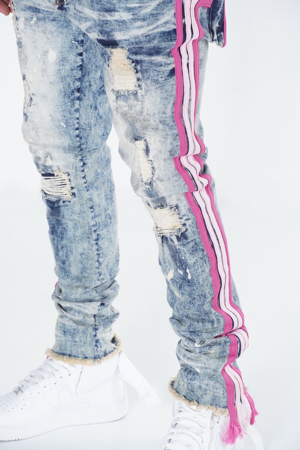 Makobi F1782 Shredded Jeans w/ Drawstring Side Tape in Dirt Wash, view 5