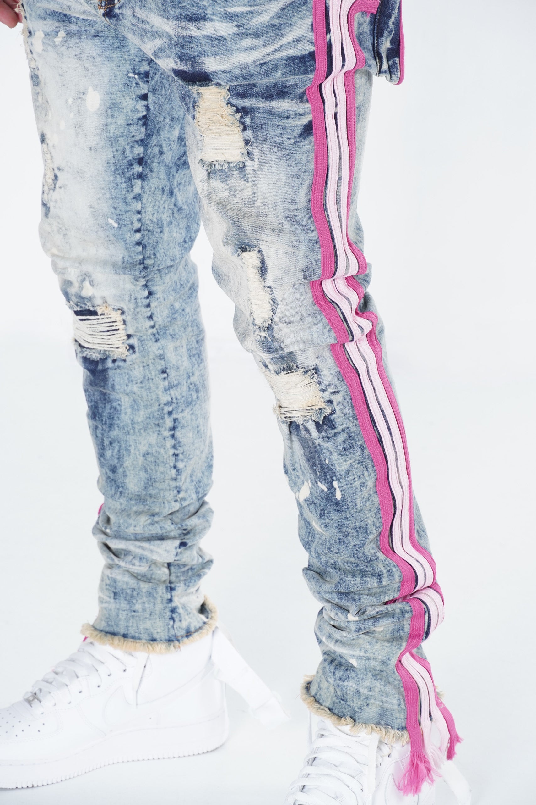 Makobi F1782 Shredded Jeans w/ Drawstring Side Tape in Dirt Wash, view 5