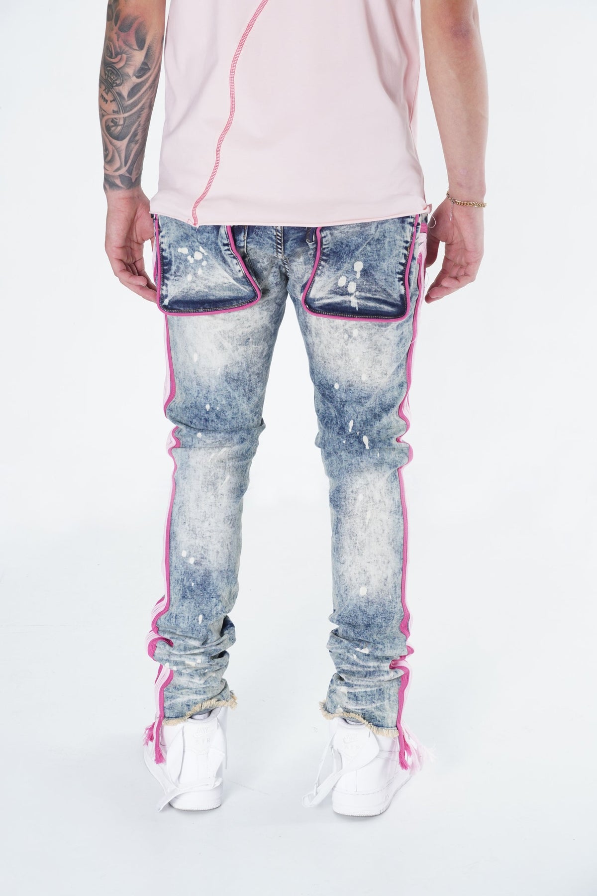 Makobi F1782 Shredded Jeans w/ Drawstring Side Tape in Dirt Wash, view 6
