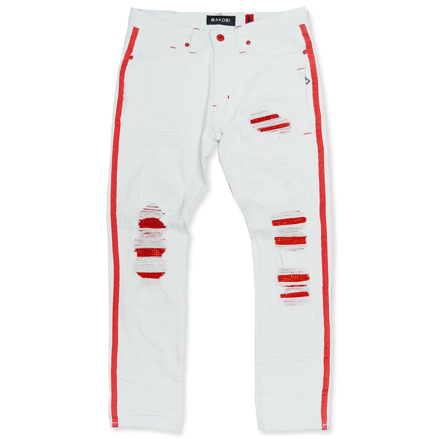 M1982 Pismo Shredded Jeans w/ side tape & stones White Makobi Jeans USA