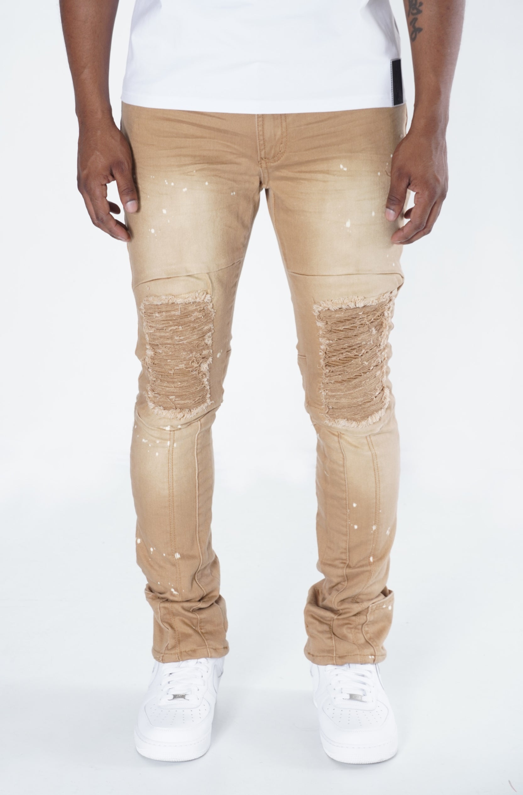 F1748A Shredded Biker Denim Jeans w/ Bottom Leg Zipper | 32-inch Inseam - Khaki