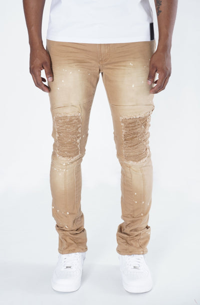 F1748A Shredded Biker Denim Jeans w/ Bottom Leg Zipper | 32-inch Inseam - Khaki