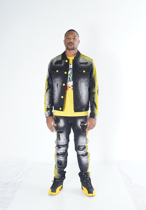 Makobi M1938 Paint Stroke Shredded Denim Jeans in Black Wash, view 3