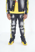 Makobi M1938 Paint Stroke Shredded Denim Jeans in Black Wash