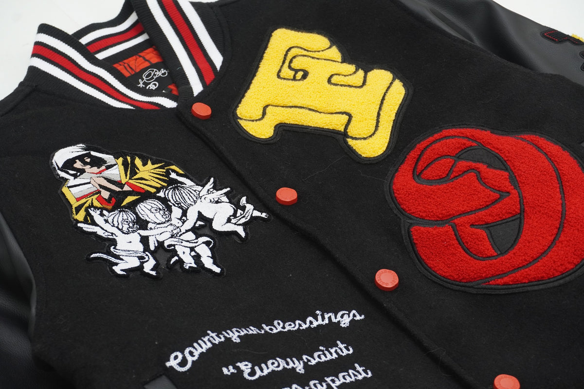 Makobi F1021 "SAINTS" Wool Varsity Jacket in Black, view 5