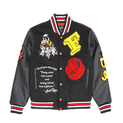 F1021 "SAINTS" Wool Varsity Jacket - Black