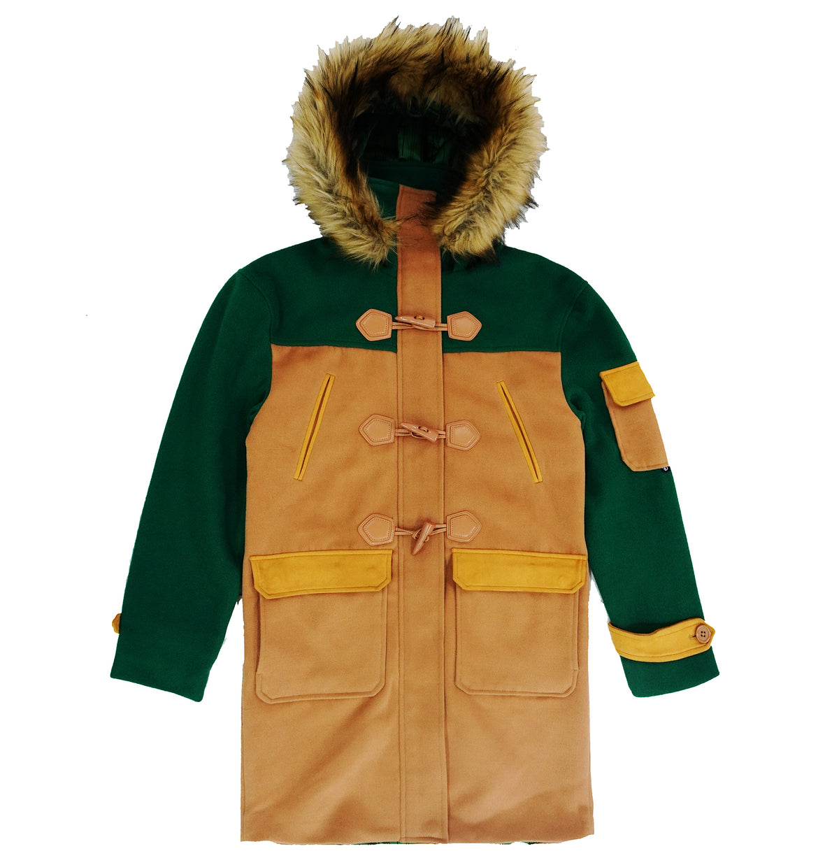 Makobi F1330 Maurice Wool Long Jacket w/ Fur- Green, view 5