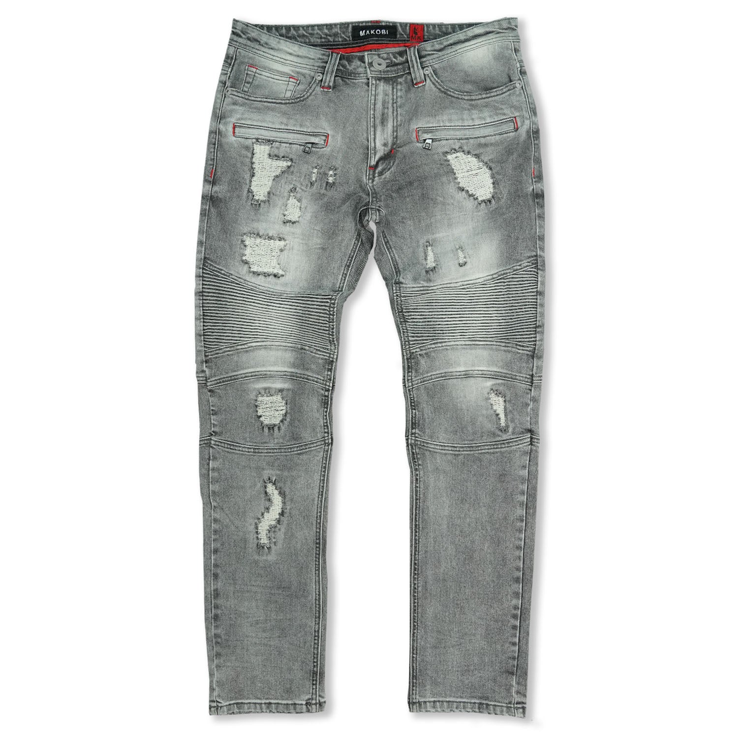 M1786 Makobi Prado Biker Jeans pẹlu Rip & Tunṣe - Grey