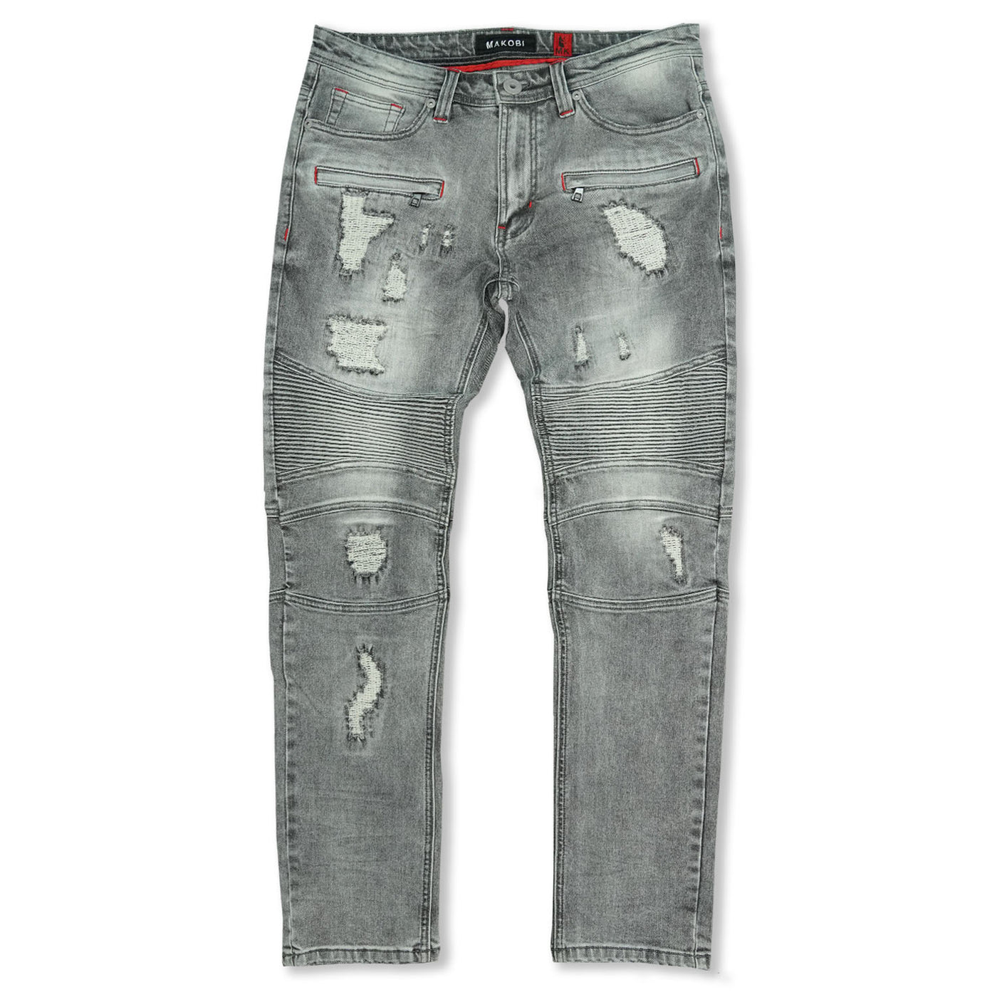 M1786 Makobi Prado Biker Jeans pẹlu Rip &amp; Tunṣe - Grey