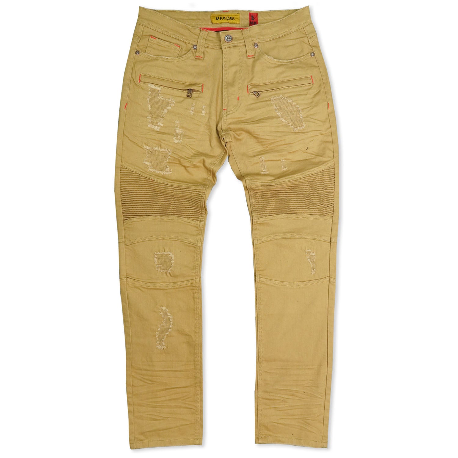 M1786 Makobi Prado Biker Jeans pẹlu Rip & Tunṣe - Khaki