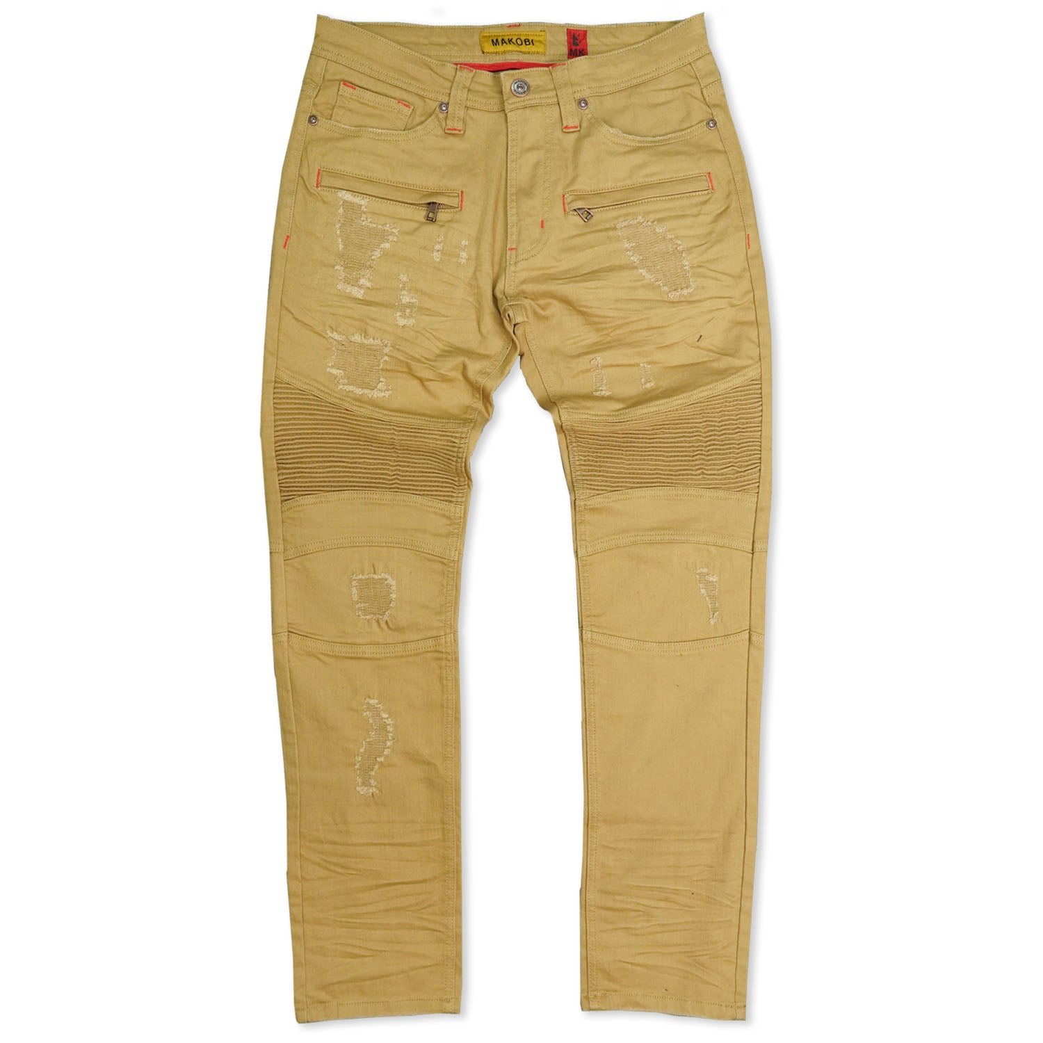 Makobi M1786 Makobi Prado Biker Jeans with Rip & Repair in Khaki
