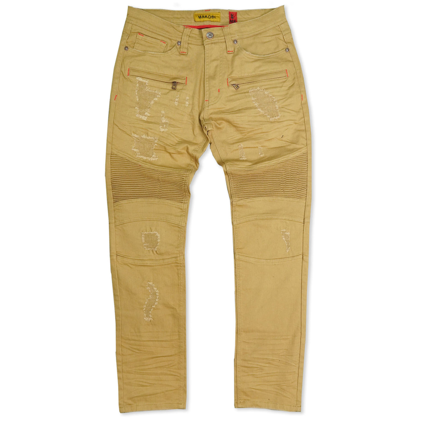 M1786 Makobi Prado Biker Jeans pẹlu Rip &amp; Tunṣe - Khaki