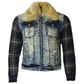 Makobi M1068 Makobi Denim And Plaid Biker Jacket in Dirt Wash/Navy