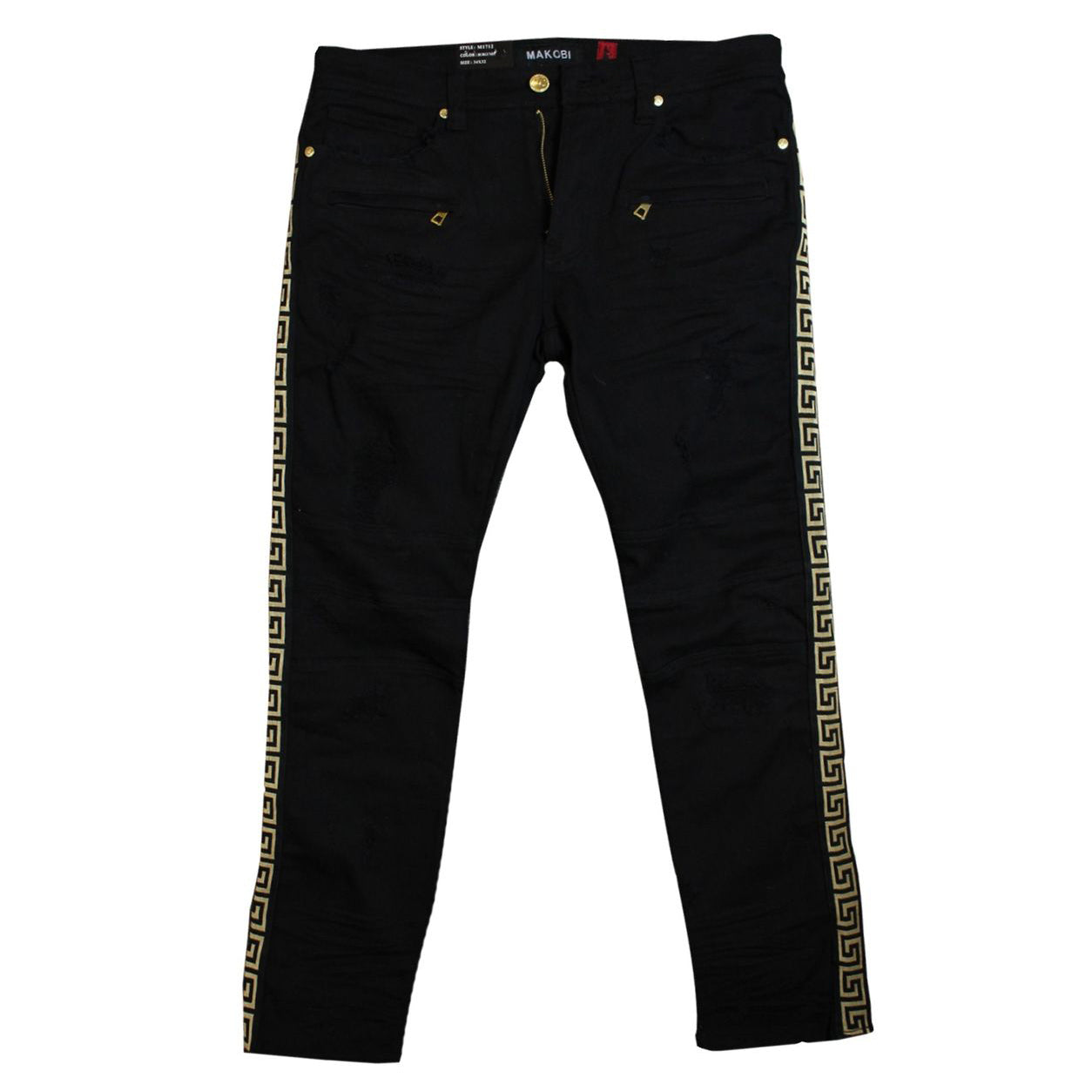 M1727 Makobi Biker Jeans with Side Taping - Black/Black