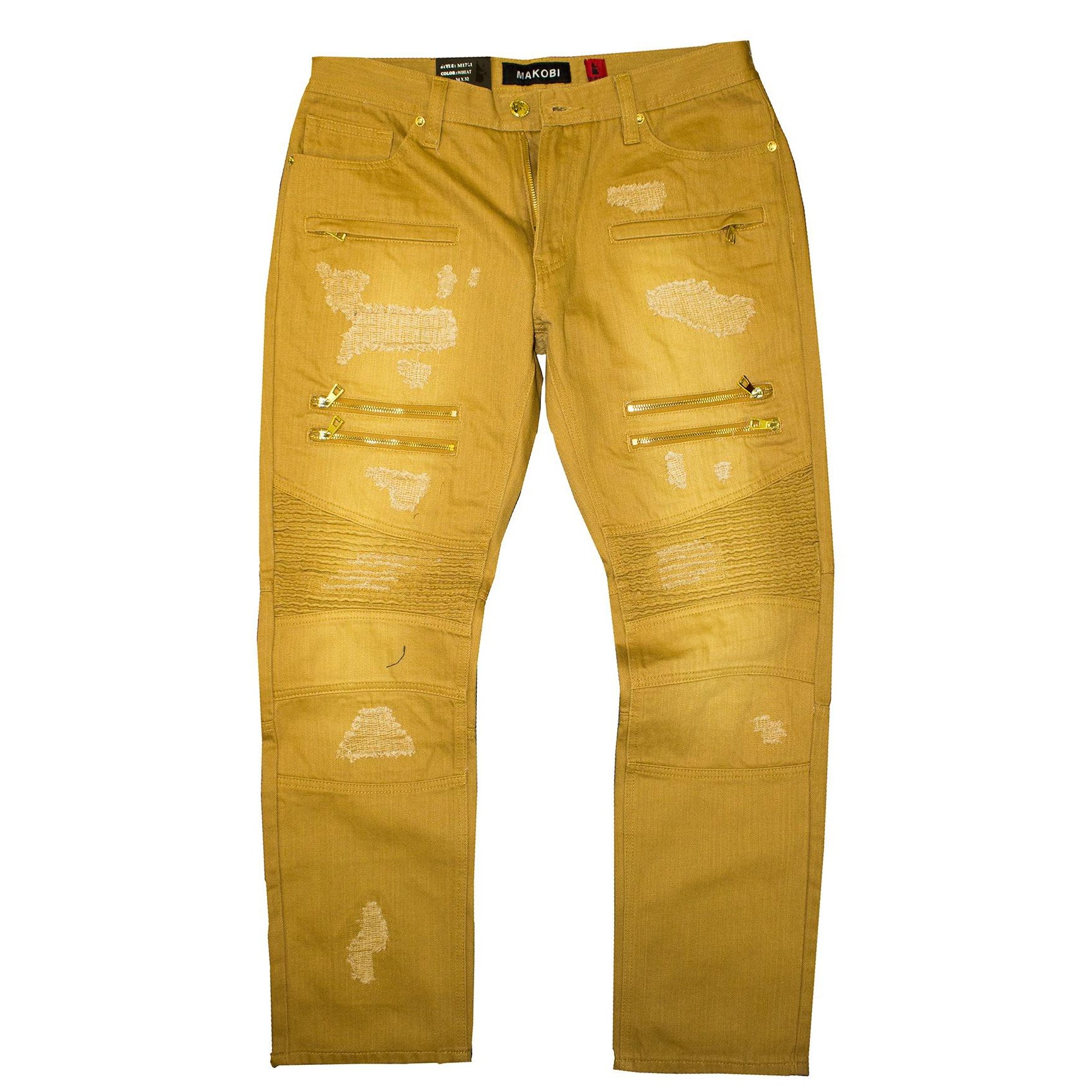 M1741 Makobi Sanded Biker Jeans pẹlu Rip & Tunṣe Stitches - Alikama