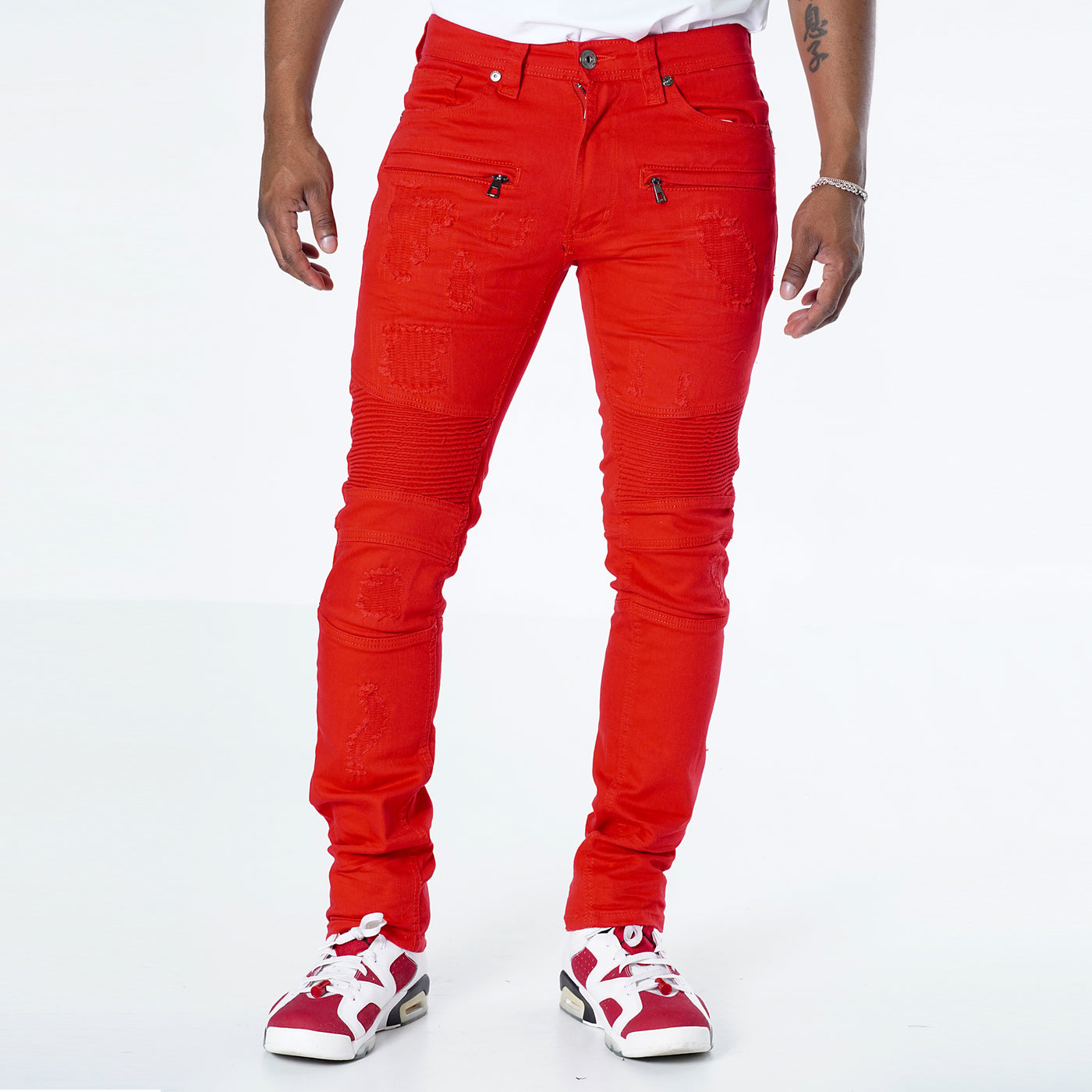 M1786 Makobi Prado Biker Jeans with Rip &amp; Repair - Red